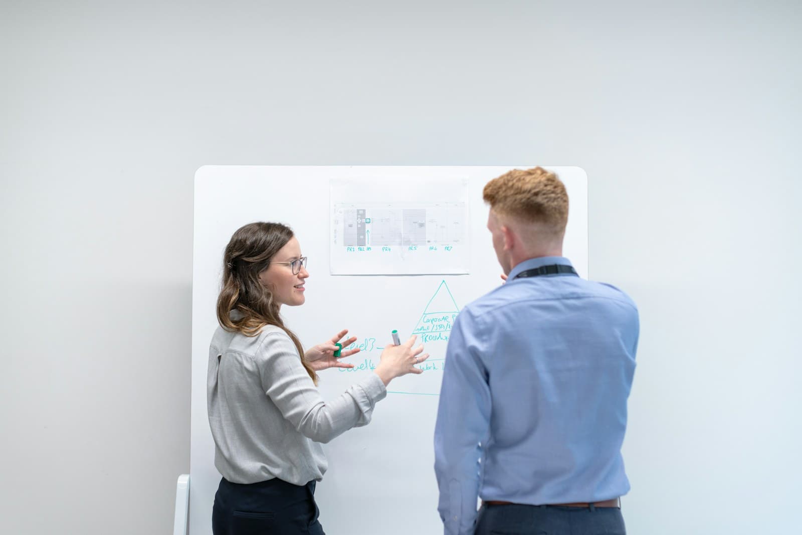 Technology professionals discussing a problem at a whiteboard